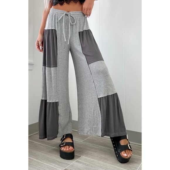 POL Pants - POL Gray Wide Leg Pants | Two Tone Ribbed Knit Lounge Trousers